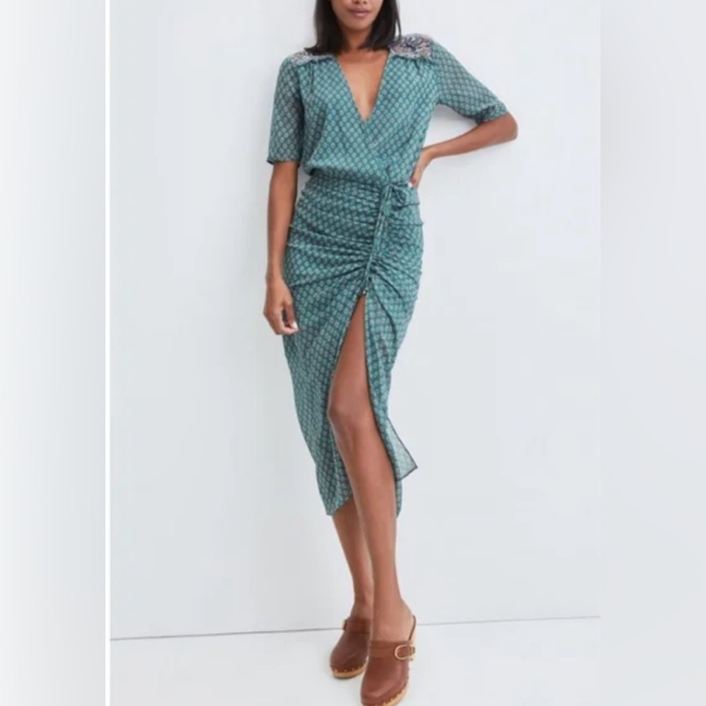Veronica Beard | Mariposa Printed Silk Ruched Dress in Seaglass Multi Size 2